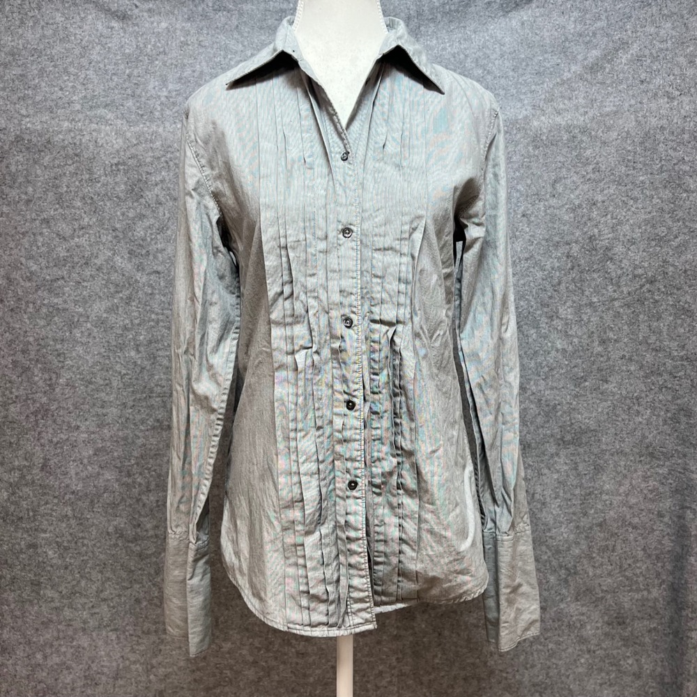 Gap Womens Grey White Micro Stripe Pintuck Pleat Button Down Shirt Career 4 Tall